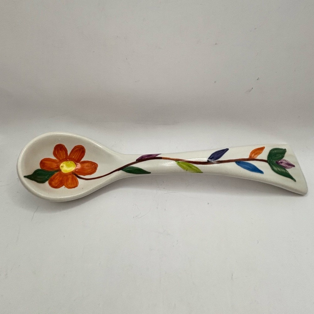 Hand-Painted Floral Ceramic Decorative Spoon - Orange Flower 7.5” long